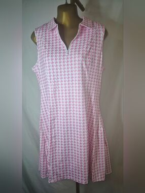 SONEVEN Workout Pink & White Houndstooth Zip-Dress With Shorts & Pockets Sz L
